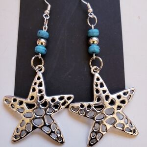 Handmade Beaded Boho Turquoise Silver Metal Starfish Earrings
